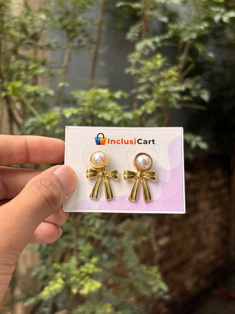 Pearl Bow Anti-Tarnish Gold Stud Earrings