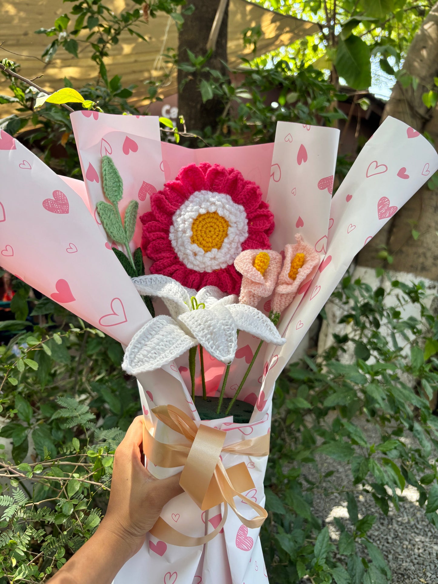 Crochet Flower Bouquet | Pink Sunflower | White Lilly | Calla Flower | Leaf Stick