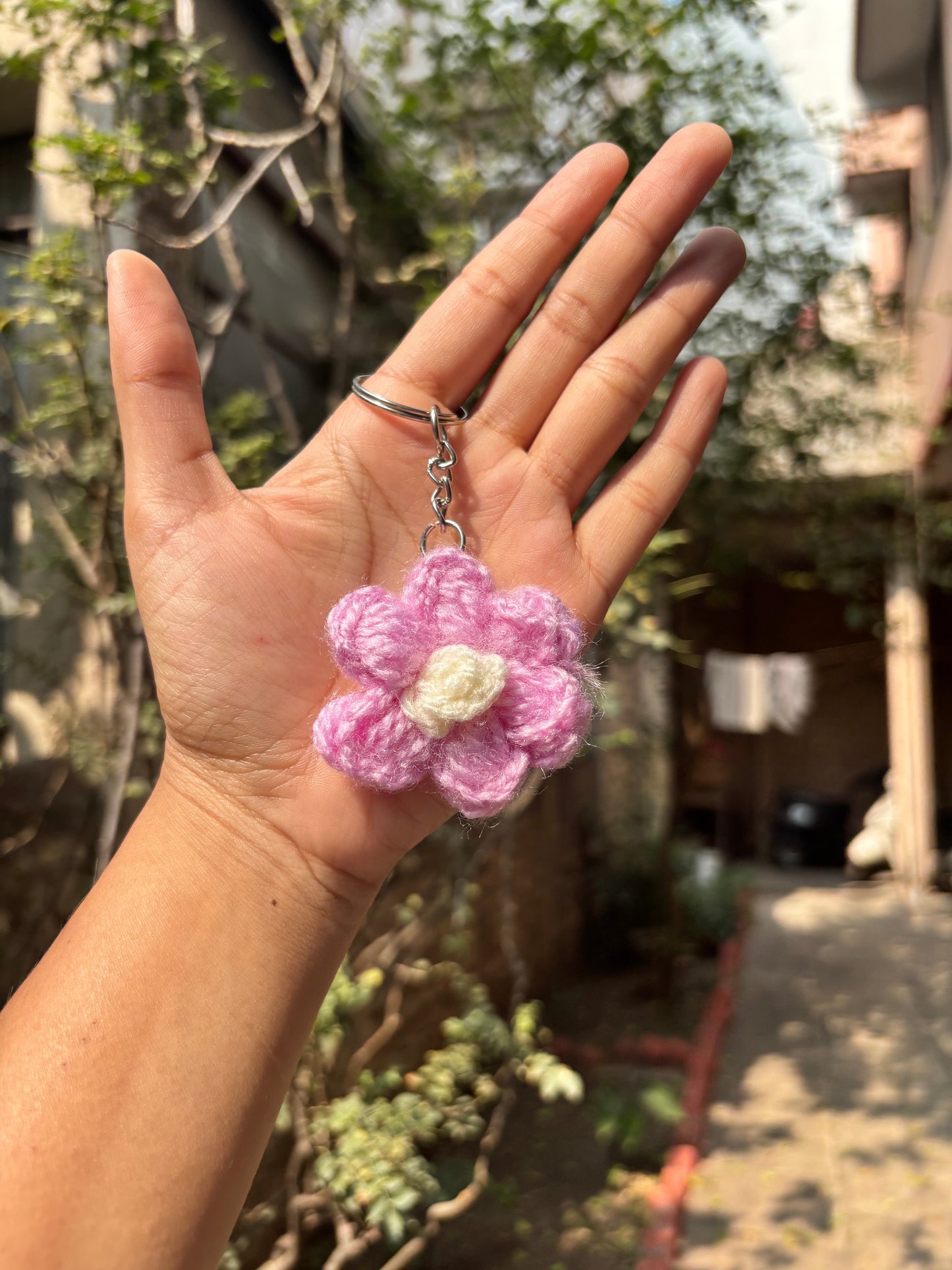 Crochet Keychain | Puff Flower | White With Brown Dot