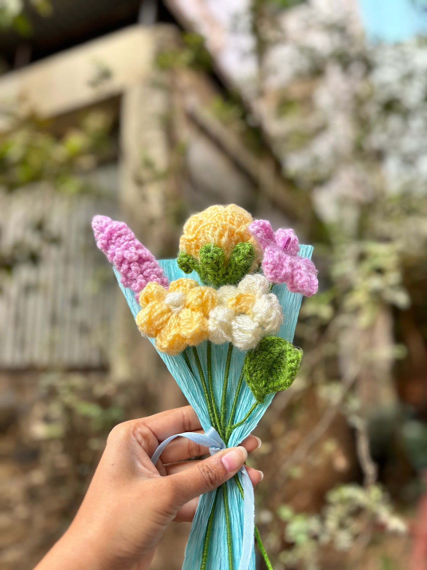 Crochet Bouquet | Yellow Rose, Lavender Stick & Puff Flowers