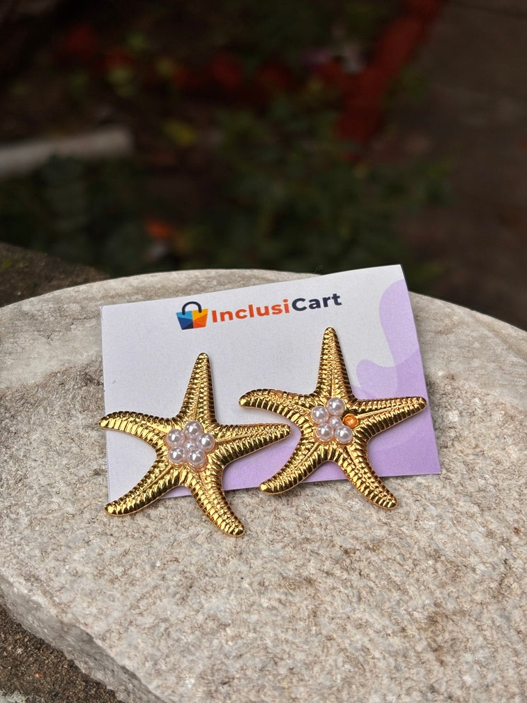 Golden Starfish Anti Tarnish Earrings with Pearls