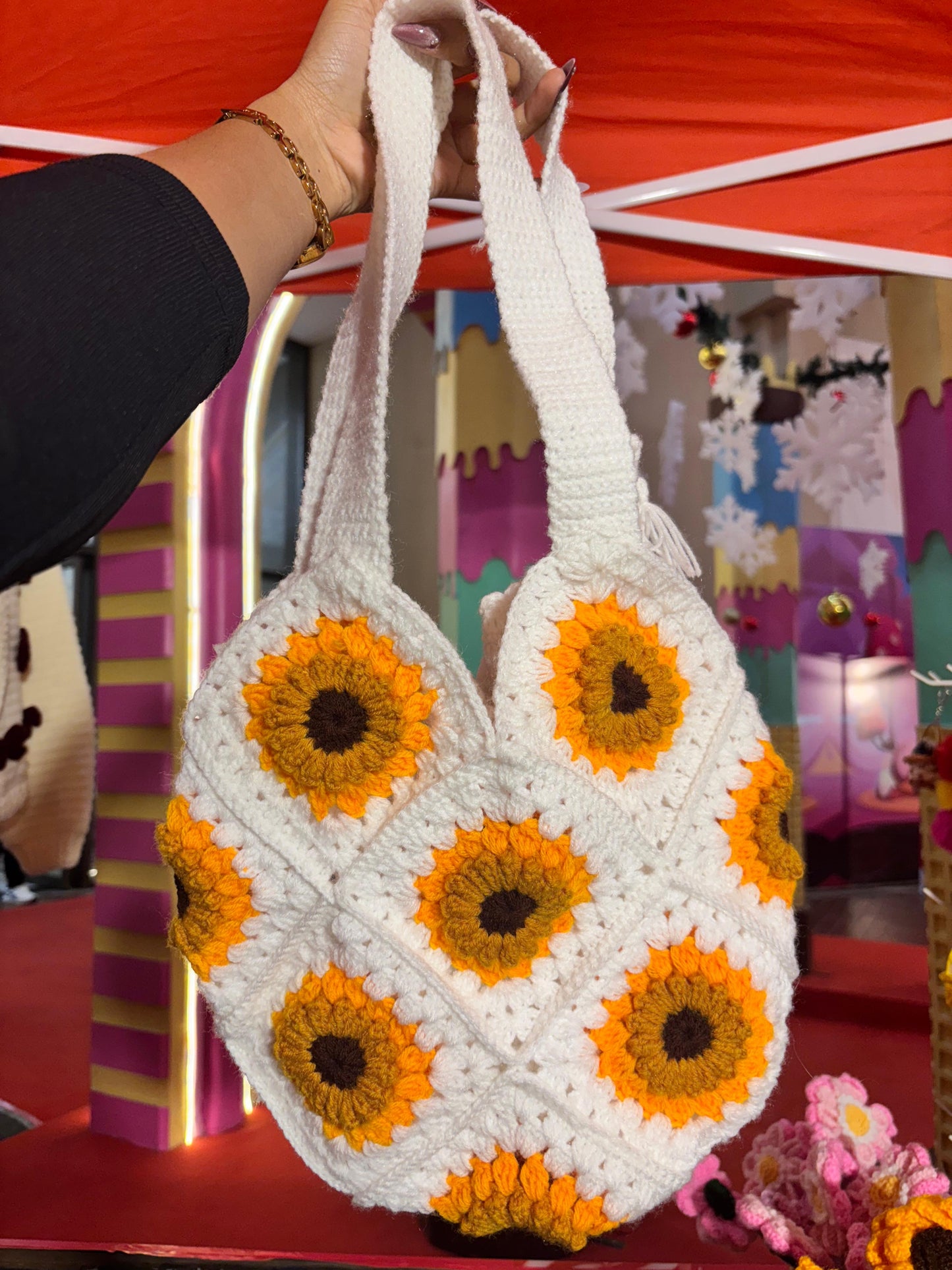 Crochet Tote Bag White | Sunflower Handmade Crochet Tote Bag for Women