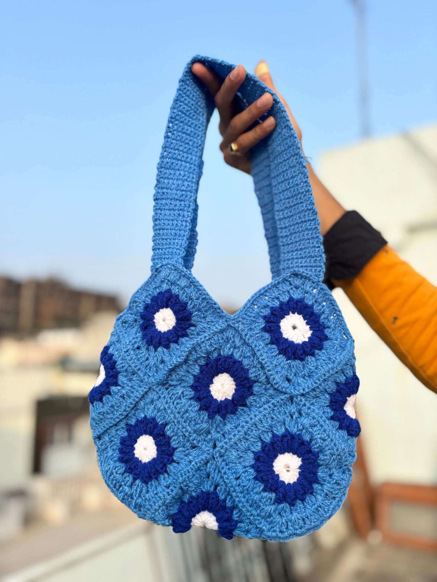 Crochet Tote Bag Blue | White Daisy Handmade Crochet Tote Bag for Women
