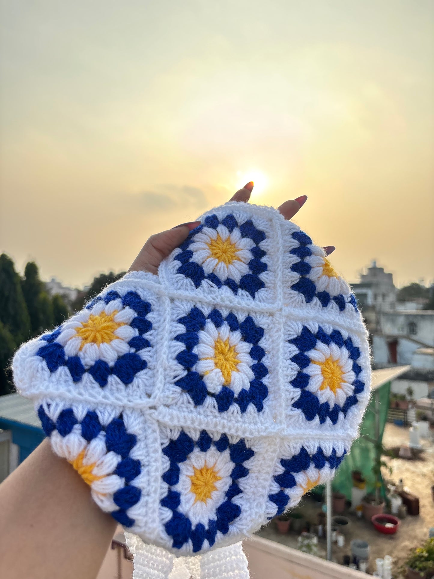 Crochet Tote Bag White | Blue & Yellow Daisy Handmade Crochet Tote Bag for Women