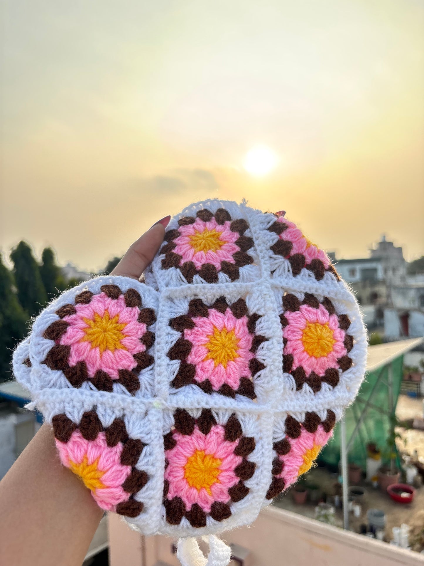 Crochet Tote Bag | Pink Daisy Handmade Crochet Tote Bag for Women
