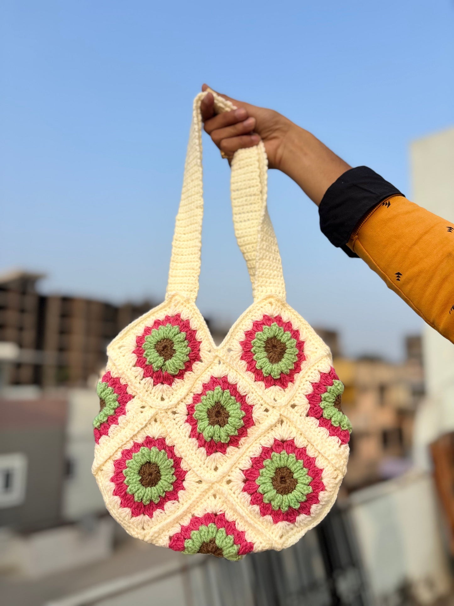 Crochet Tote Bag White | Pink & Mint Daisy Handmade Crochet Tote Bag for Women