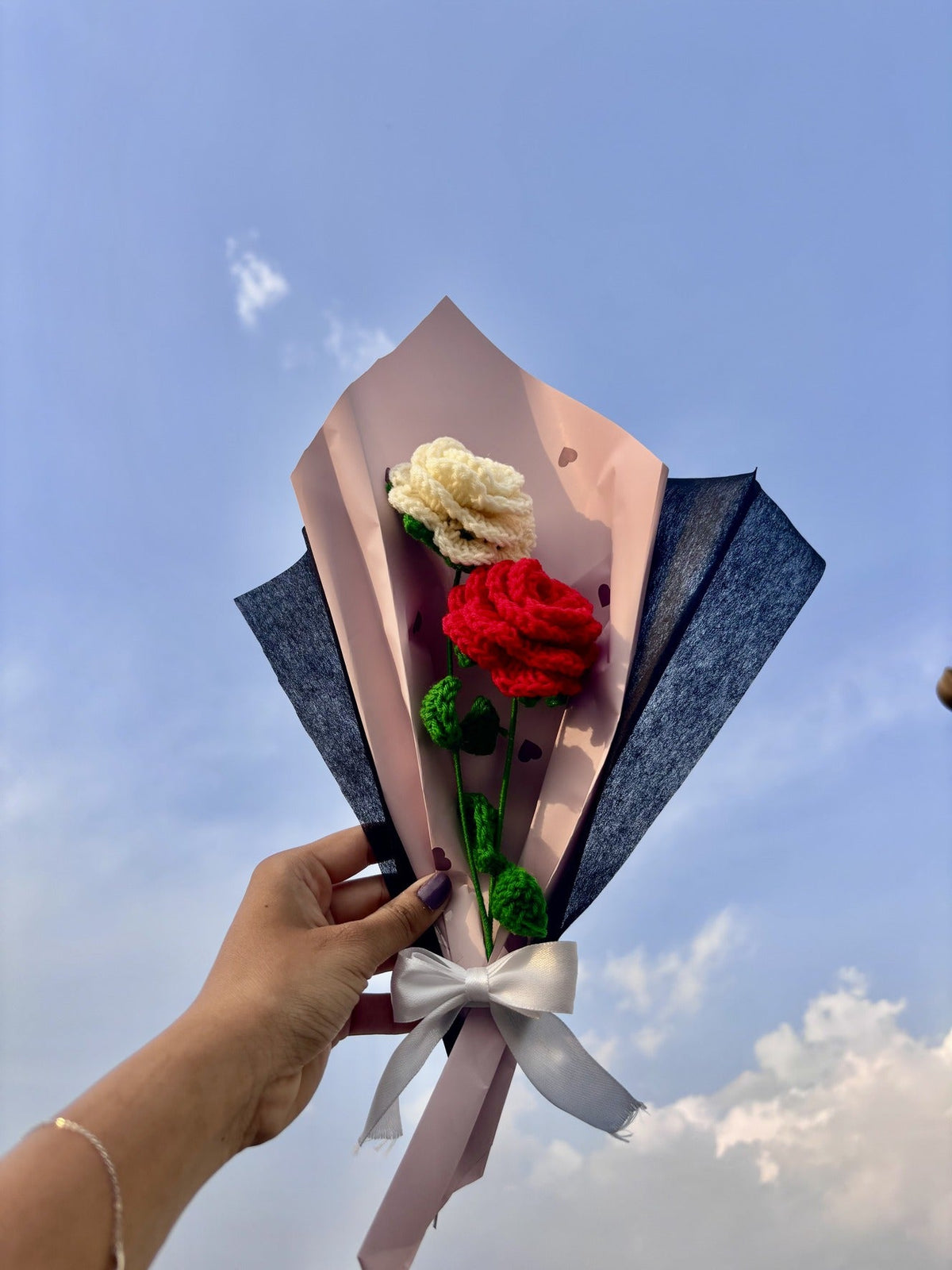 Crochet Bouquet | White Red Gulmohar Gulab