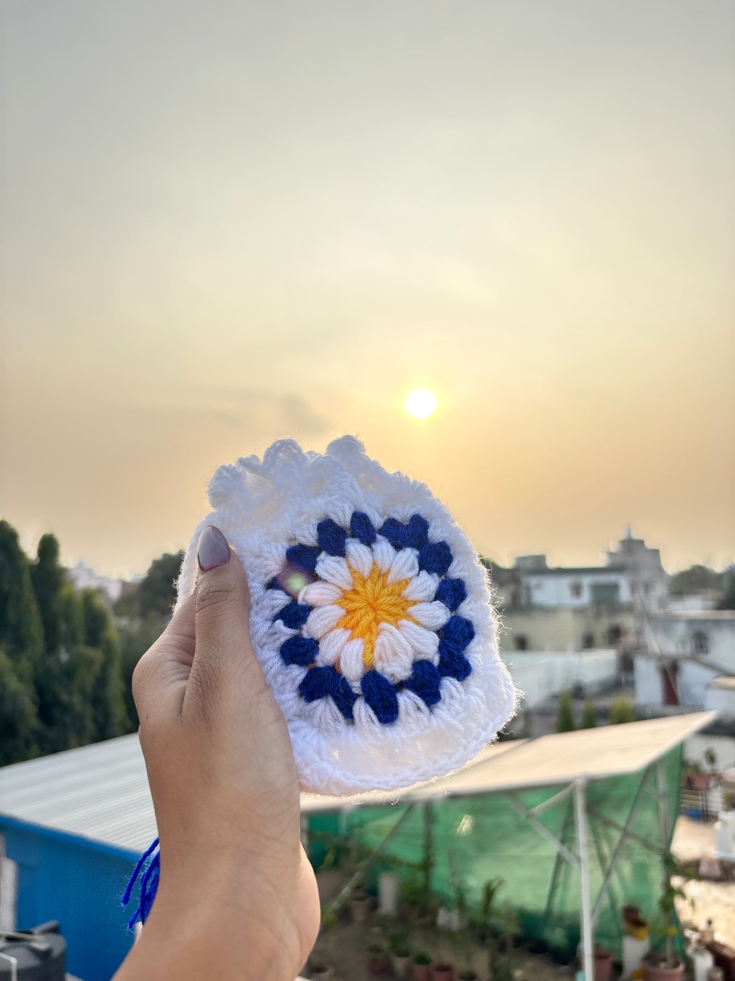Crochet Potli Bag | White & Blue Daisy Handmade Potli Bag