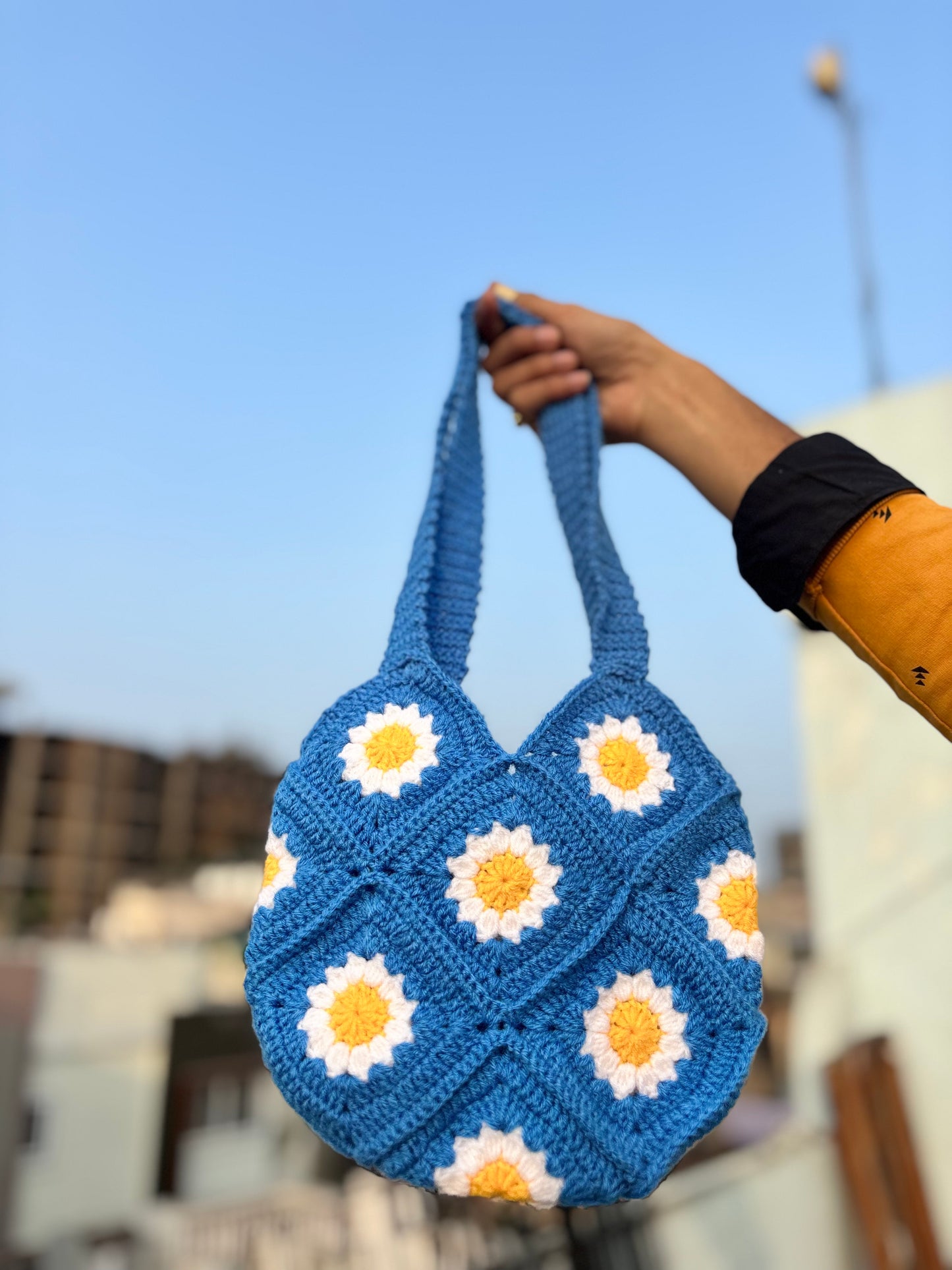 Crochet Tote Bag Blue | Yellow & White Daisy Handmade Crochet Tote Bag for Women