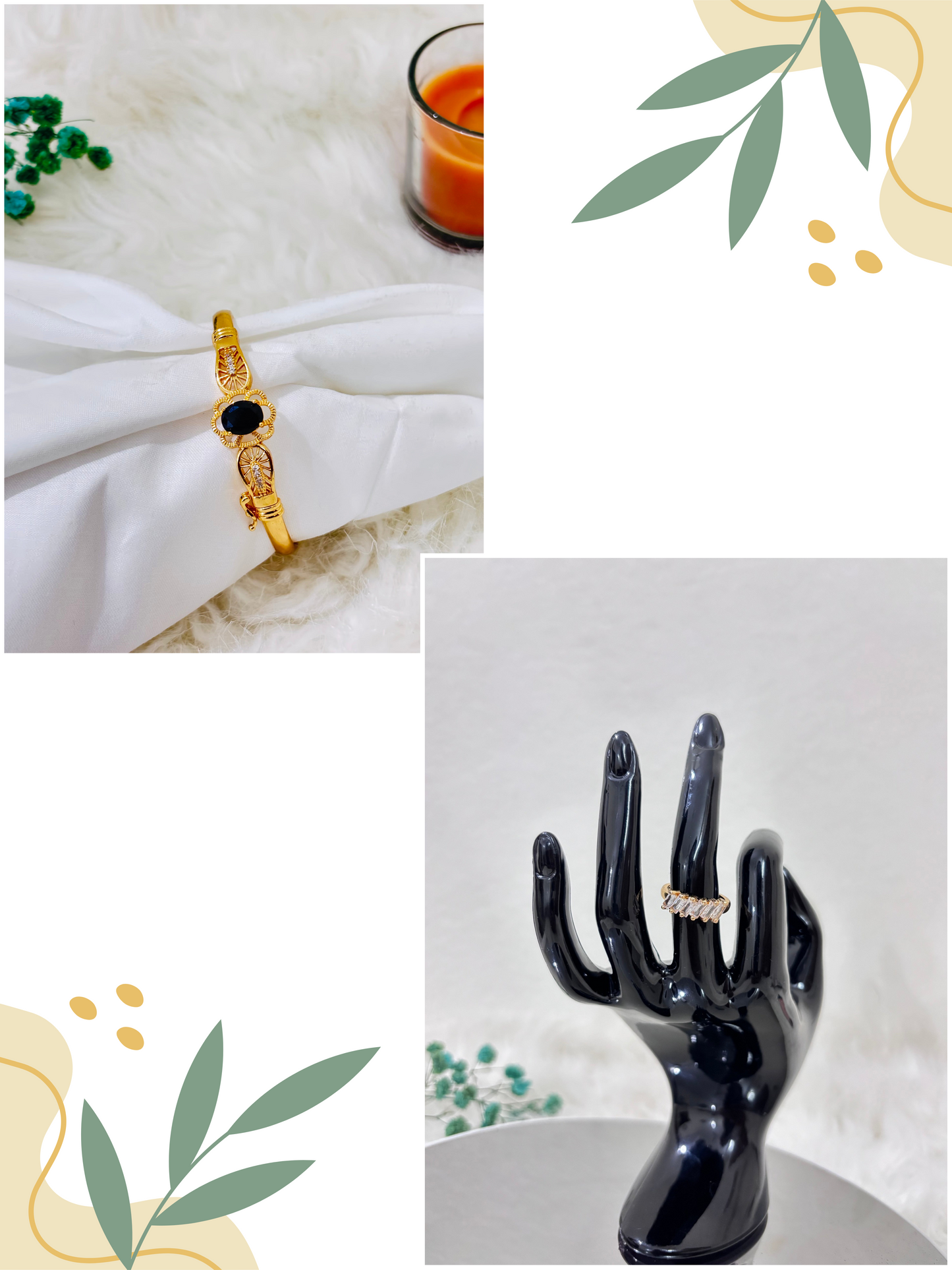 Coal Black Elegant Bracelet | Sterling Golden Cubic Diamond Ring | Combo