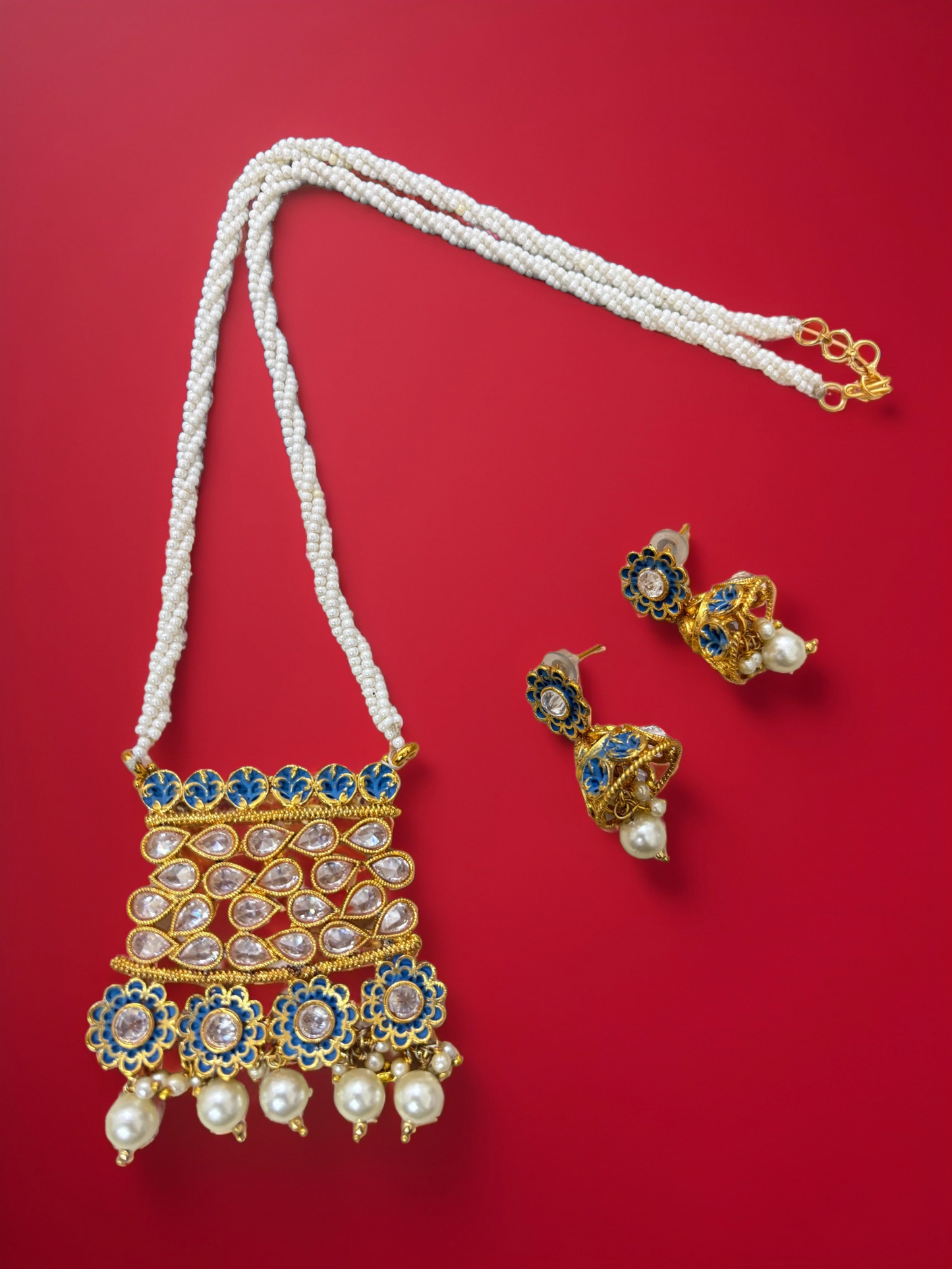 Pearl Studded Blue Kundan Set