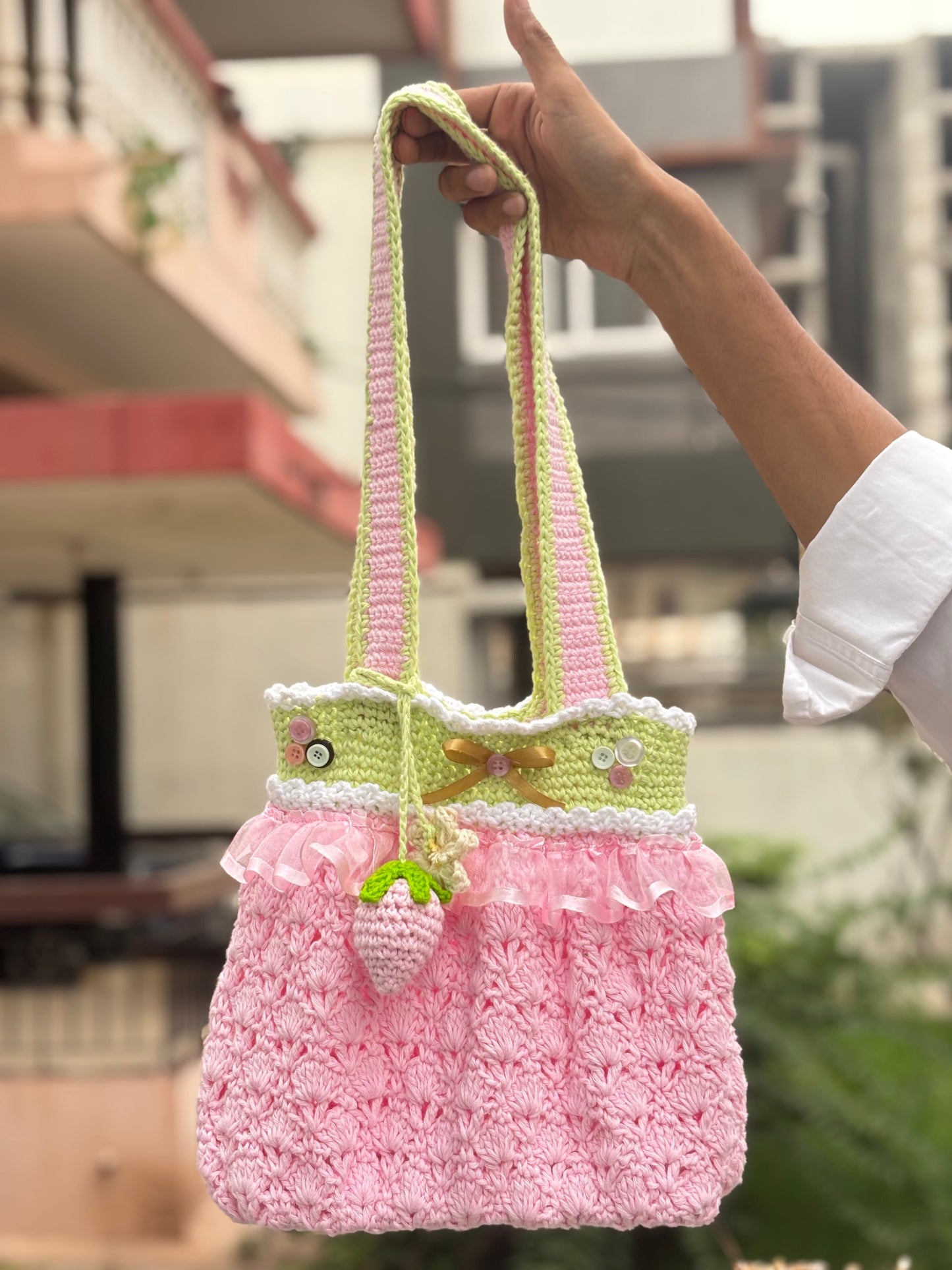 Crochet Tote Bag | Cotton Yarn | Baby Pink Pookie Bag with Strawberry
