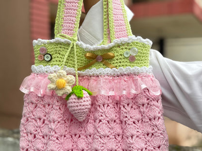 Crochet Tote Bag | Cotton Yarn | Baby Pink Pookie Bag with Strawberry