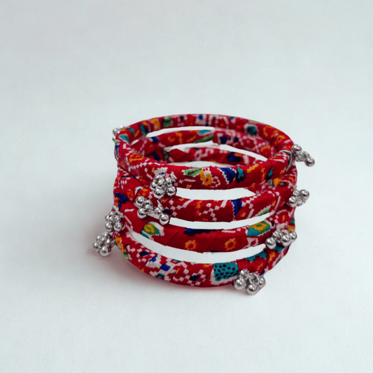 Bandhani Red Fabric Bangles with Ghungroo | Set of 4
