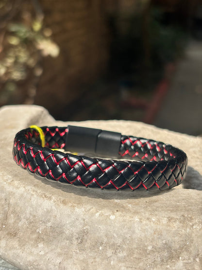 Mens Leather Bracelet | Black & Red Braided Leather Bracelet