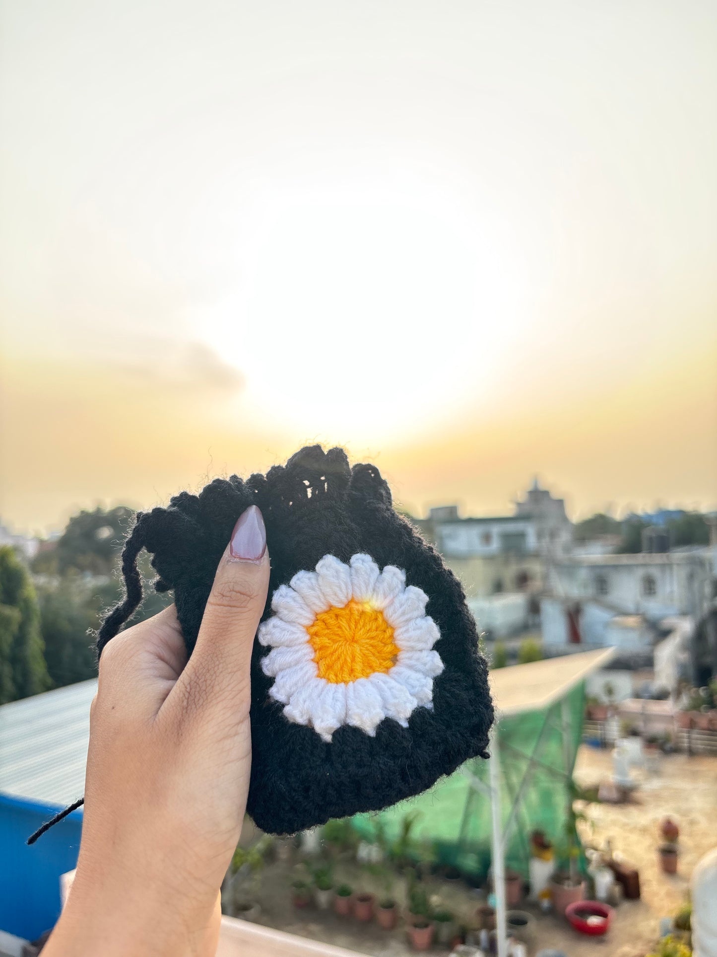Crochet Potli Bag | Black & White Daisy Handmade Potli Bag