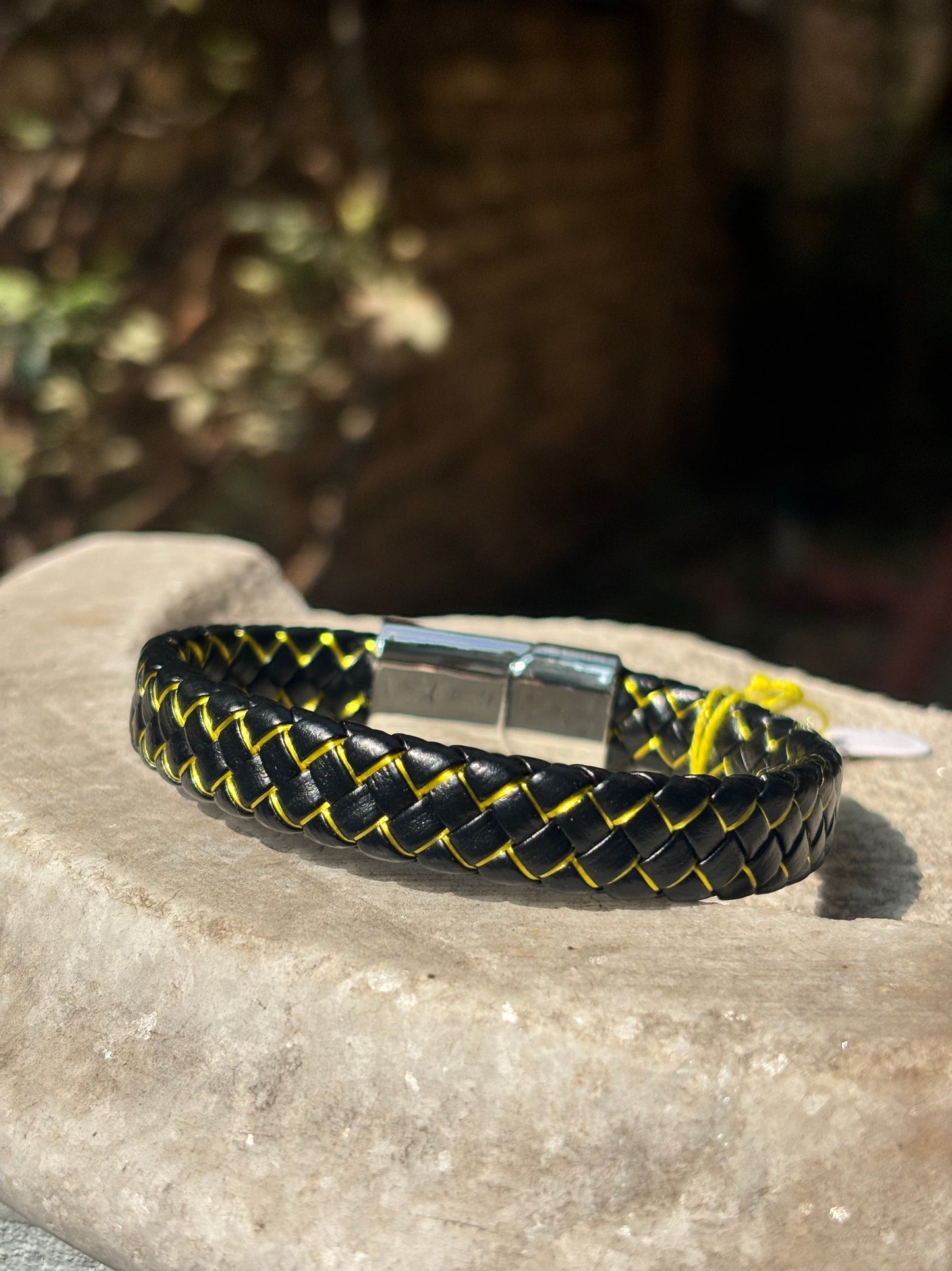 Mens Leather Bracelet | Black & Yellow Braided
