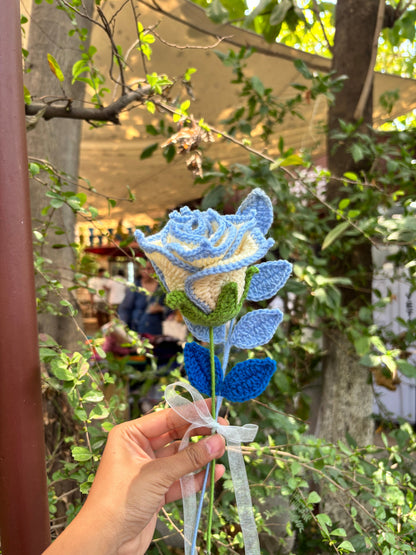 Crochet Flower Bouquet | Blue Bordered Rose | Leaf Stick