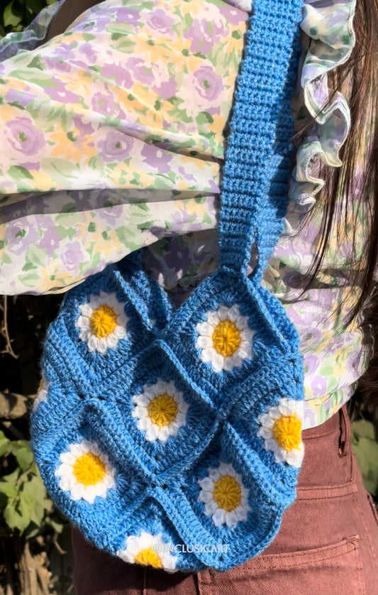 Crochet Tote Bag | Blue Daisy Handmade Crochet Tote Bag for Women