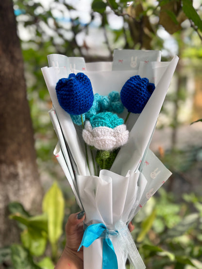 Crochet Flower Bouquet | Blue Lagoon | Tulip & Rose