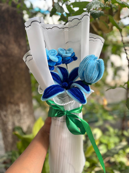 Crochet Flower Bouquet | Blue Lagoon | Tulip & Rose