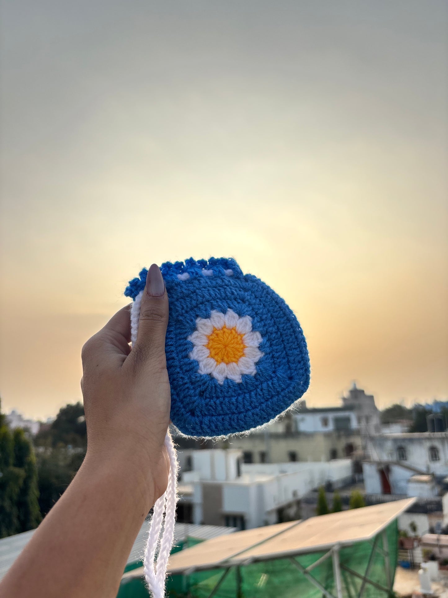 Crochet Potli Bag | Blue & White Daisy Handmade Potli Bag