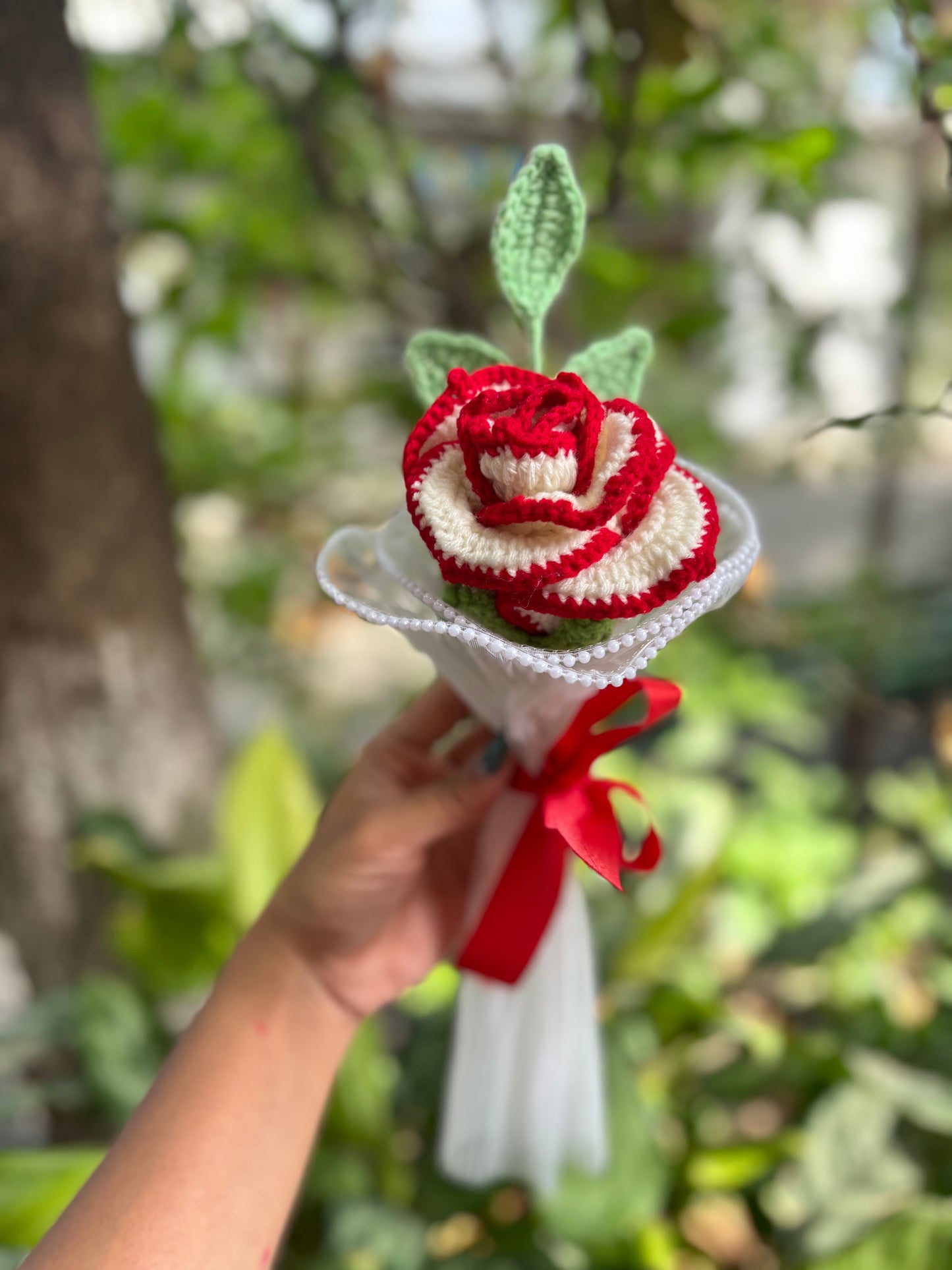 Crochet Flower Bouquet | Red Border Rose With Leaf Stick