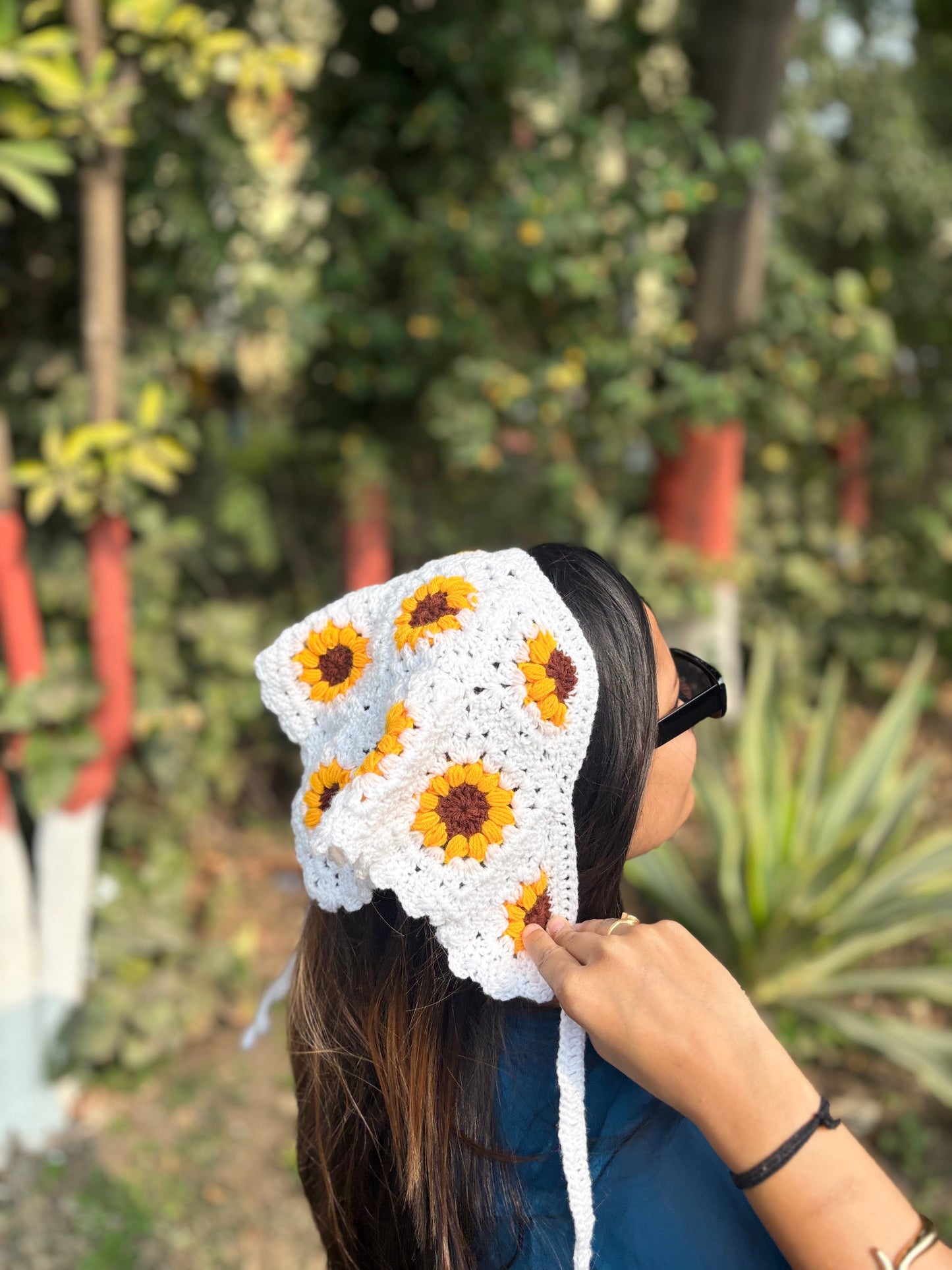Crochet Bandana | White with Sunflower Design