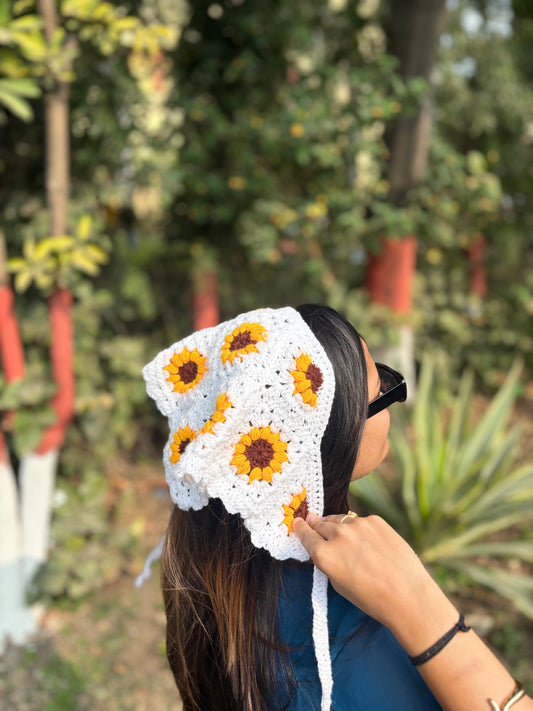 Crochet Bandana | White with Sunflower Design