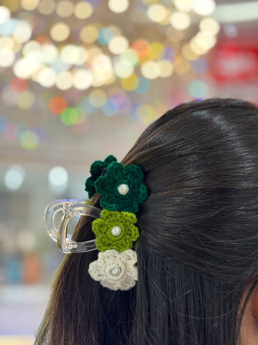 Crochet Clutcher | Triple Flower | Multi Color Green White Flower