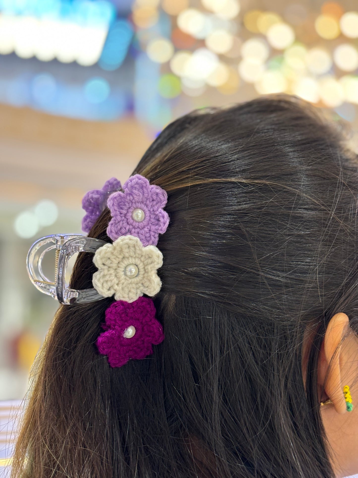 Crochet Clutcher | Triple Flower | Multi Color Lavender White Purple Flower