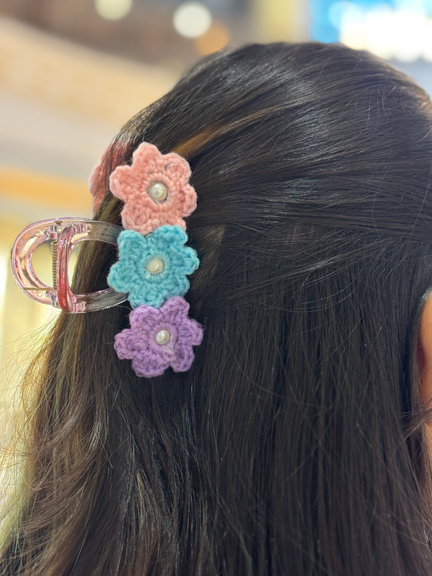 Crochet Clutcher | Triple Flower | Multi Color Pink Blue Lavender