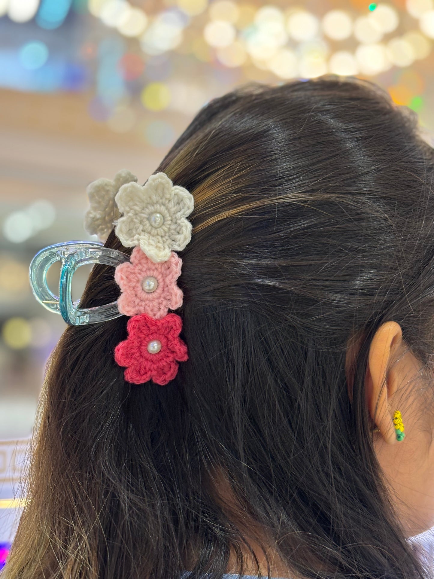 Crochet Clutcher | Triple Flower | Multi Color White Baby Pink Cherry Flower