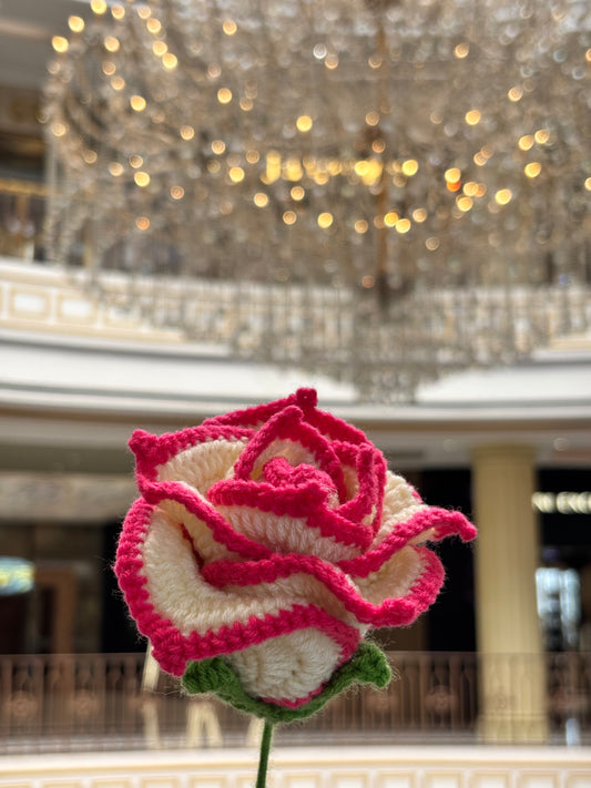 Crochet Flower | Off White | Cherry Pink Border Rose