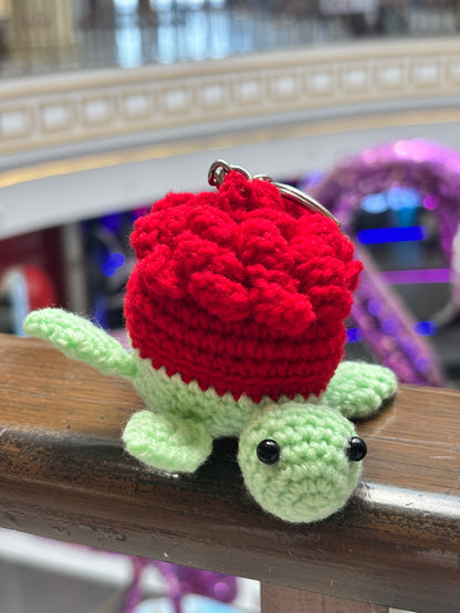 Crochet Keychain | Turtle | Green with Rose Flower Back