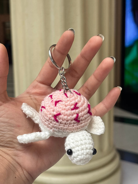 Crochet Keychain | Turtle | White with Pink Back