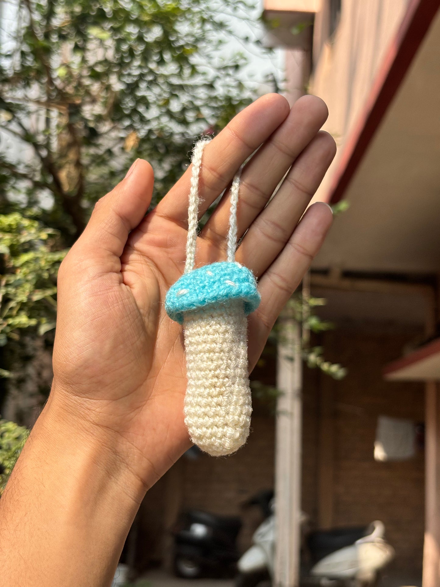 Crochet Lipstick Holder | Mushroom Design White Holder with Blue Top