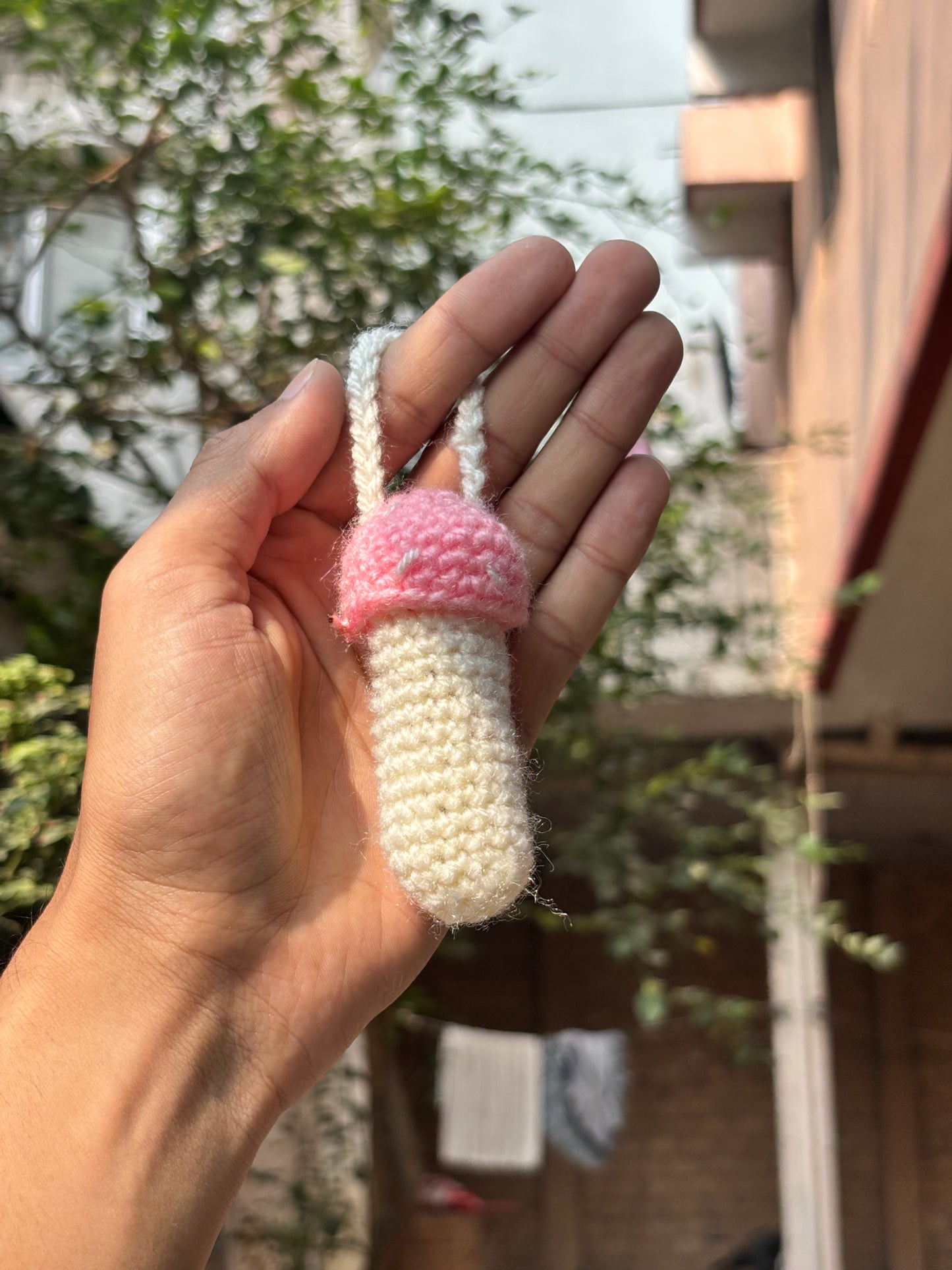 Crochet Lipstick Holder | Mushroom Design White Holder with Pink Top