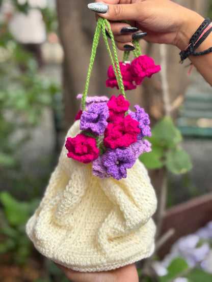 Crochet Potli Bag | Purple Bell Flowers