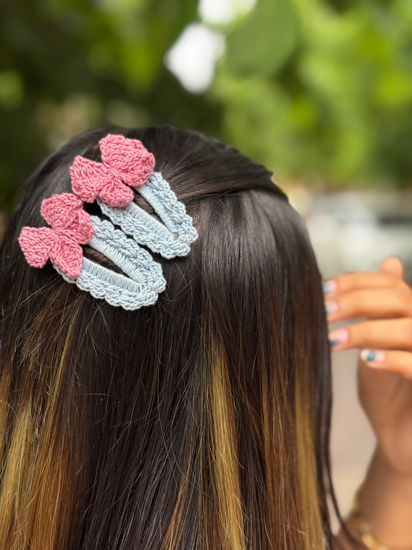 Crochet Hair Clip | Baby Pink Blue Bow | Pair