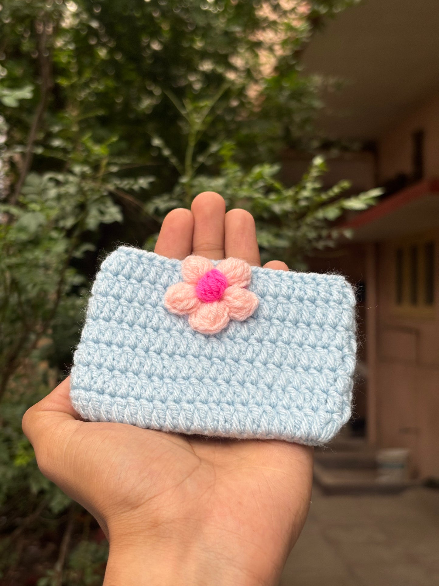 Crochet Mini Pouch | Light Blue Magnetic Button