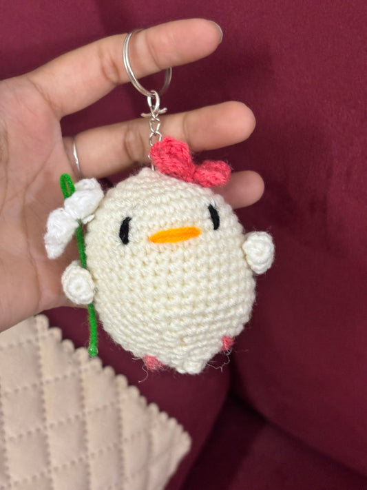 Crochet Keychain Cute Chick | White with Daisy Flower