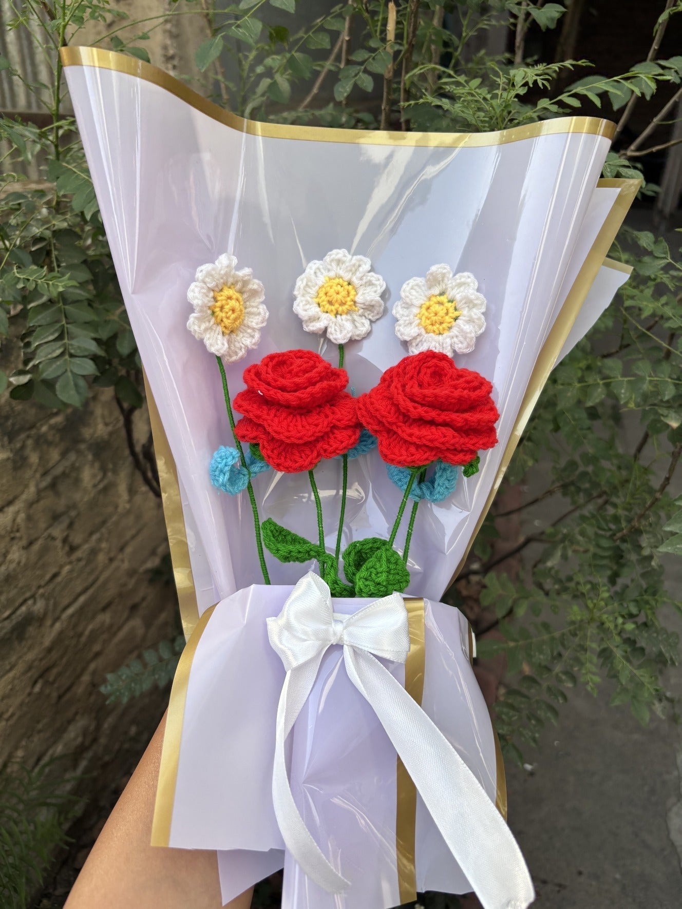 Crochet Bouquet | Daisy Red Gulmohar Gulab