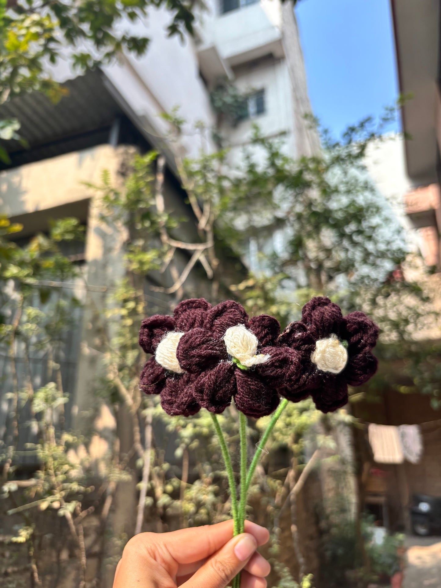 Crochet Puff Flower | Dark Brown with White Dot