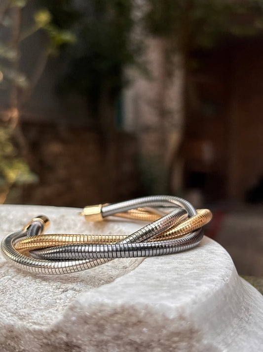 Dual-Tone Flexible Coil Bracelet – Silver & Gold | Anti-Tarnish