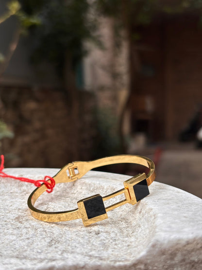 Gold Bracelets with Black Square Accents