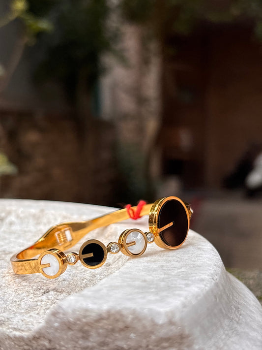 Gold Plated Bracelet with Black & White Enamel Circles