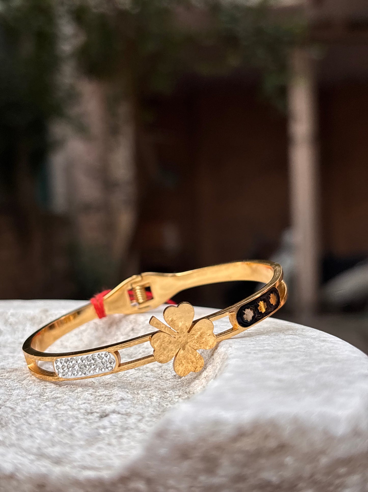Gold Plated Clover Design Bangle with Dual Tone Accents
