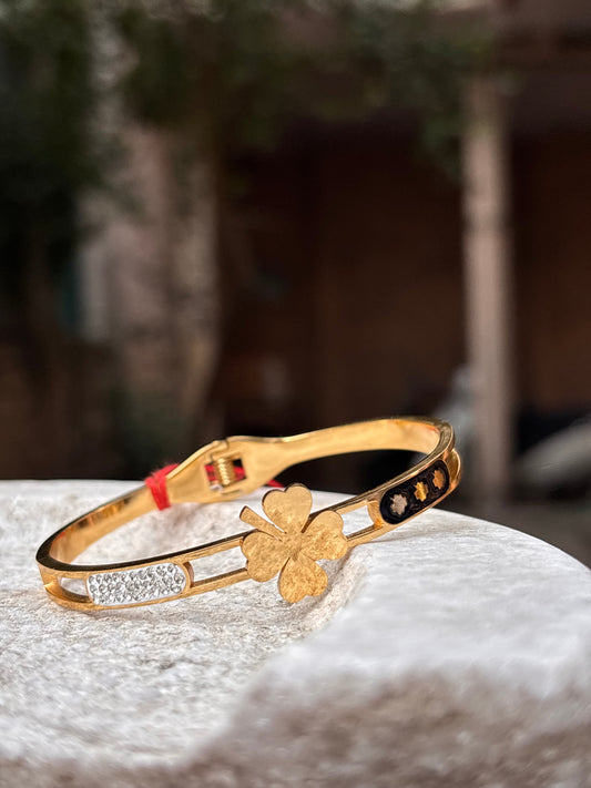 Gold Plated Clover Design Bangle with Dual Tone Accents