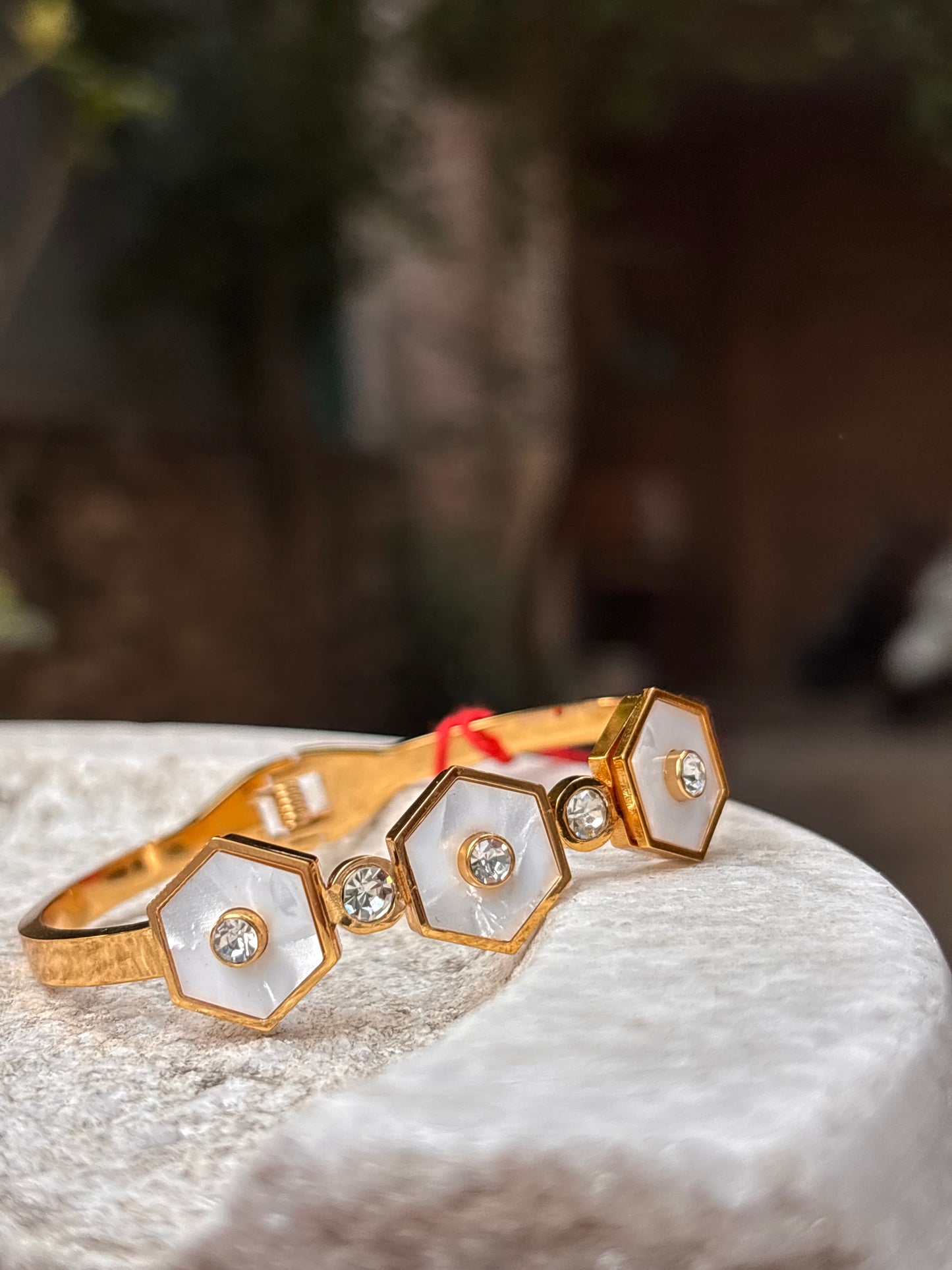 Gold Plated Hexagon Design Bangle with White Stones